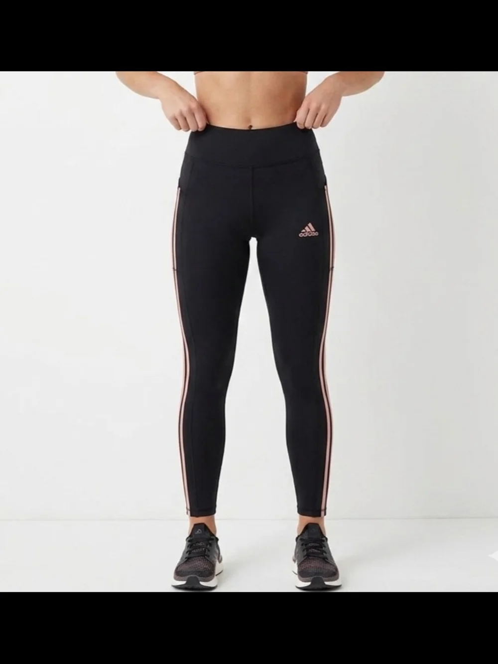 Adidas Big Girls Black High-Waist Leggings with‎ Pink Stripes